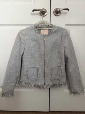 Rebecca Taylor Light Gray Tweed Fringed Zip Jacket